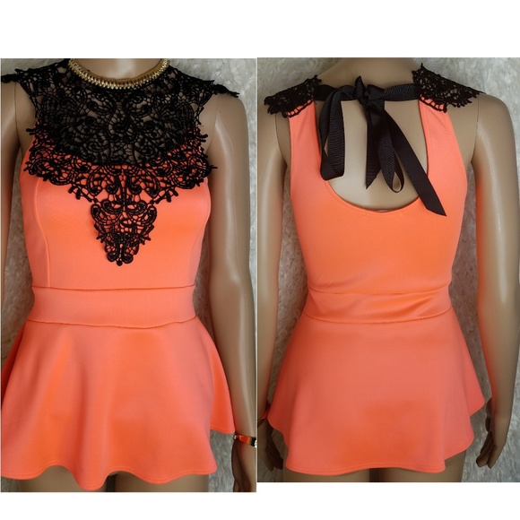 blue planet Tops - Lace Peplum black and orange top-size M